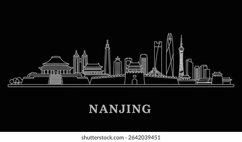 Nanjing Skyline with China Cityscape Line Art.