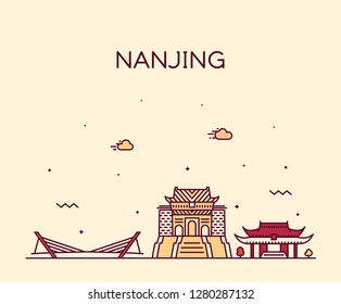 Nanjing skyline, Jiangsu, China. Trendy vector illustration, linear style