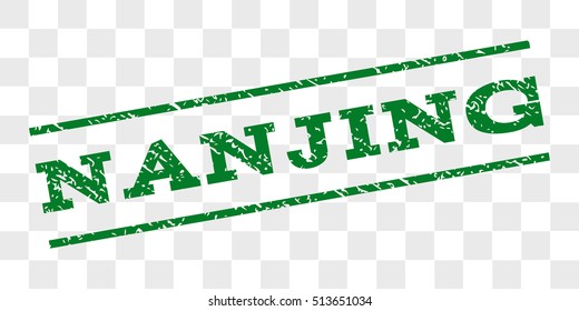 Nanjing watermark stamp. Text caption between parallel lines with grunge design style. Rubber seal stamp with dust texture. Vector green color ink imprint on a chess transparent background.