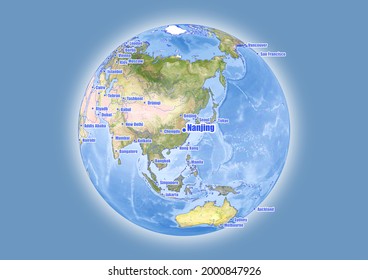 Nanjing-China is shown on vector globe map. The map shows Nanjing-China 's location in the world.
