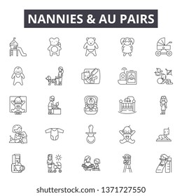 Nannies and au pairs line icons, signs set, vector. Nannies and au pairs outline concept, illustration: babysitter,nanny,child,care,baby,au pair,logo