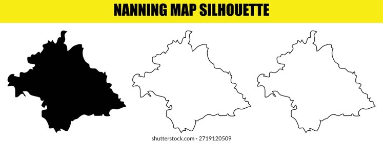 Nanning map silhouette set featuring detailed boundary contours for south china geography projects and travel design layouts including solid and outline shapes for versatile creative work