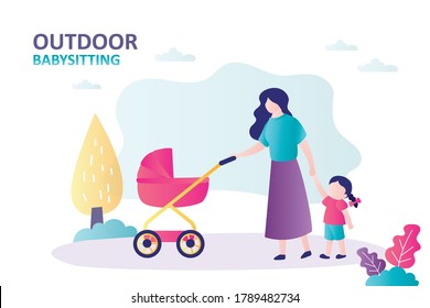 Nanny with baby carriage and girl walks in park. Cartoon babysitter with stroller and child on outdoor stroll. Newborn toddler care and motherhood. Characters in trendy style. Flat vector illustration