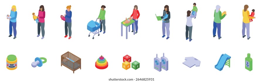  Nanny baby icons set. Parents engaging in various childcare activities, including feeding, playing, changing diapers, and using baby products like strollers, cribs, and toys
