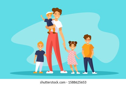 Nanny babysitter with group of kids or young mother of many children. A woman carries a baby boy and holding hand of a girl. Nearby are two boys. Four children of different ages. Vector illustration.