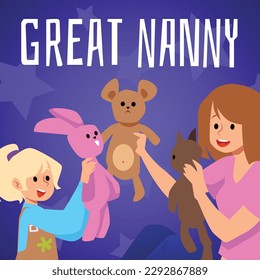 Nanny or babysitter playing with child, flat cartoon vector illustration. Professional nanny services banner or poster template with characters of babysitter and child.
