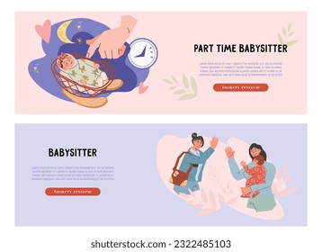 Nanny or babysitter services banners set, flat cartoon vector illustration. Professional nanny childcare services banner or poster templates with characters of babysitter and child.