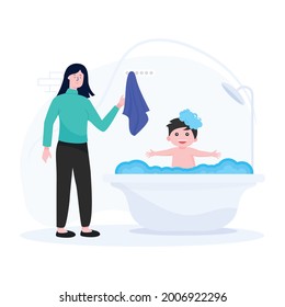 A nanny bathing a child, flat editable illustration 