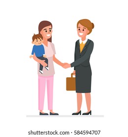 Nanny with child shaking business mother hand. Vector illustration.
