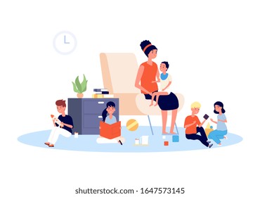 Nanny with children. Babysitter, infant baby and playing kids. Large family or motherhood, mother with toddler. Home kindergarten vector illustration