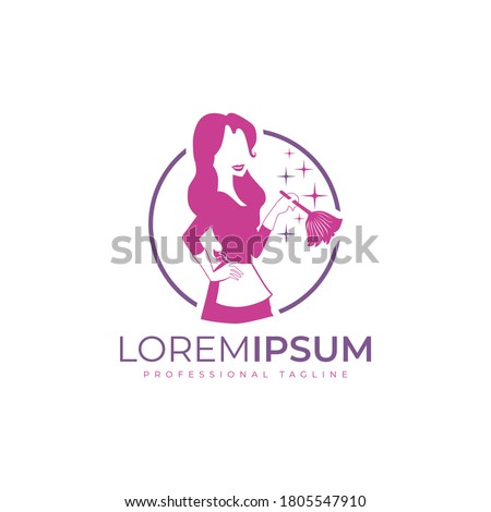 nanny cleaning service vector logo. design template. rounded maid women, broom shiny elements icon isolated in white background