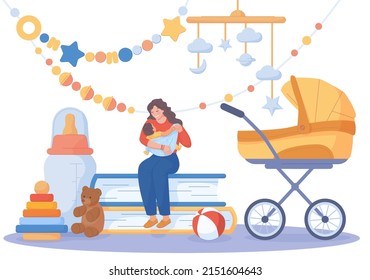 Nanny for infant. Parental babysitter hands carriage baby buggy, education young parent, home nursery room sitter kid family childcare, early babysitting vector illustration. Babysitter care for baby