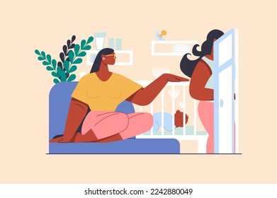 Nanny job concept with people scene in flat design. Woman works as babysitter. Young mother using nanny service and leaving little baby at home. Vector illustration with character situation for web