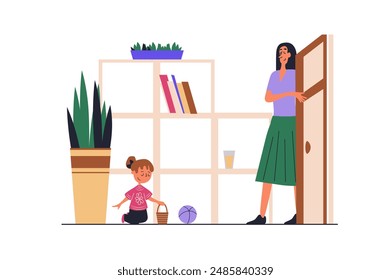 Nanny job web concept with people scene in flat design. Woman works as babysitter, taking care of little baby girl at home and playing toys. Vector illustration with character situation for web