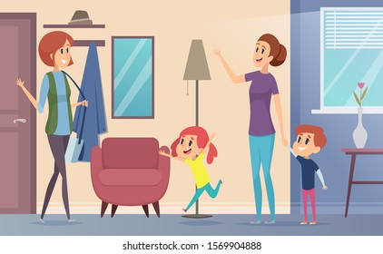 Nanny. Joyful Preschool Kids Invite Babysitter Teacher And Playing Together In Childrens Room Vector Cartoon Background