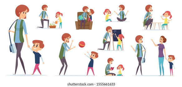 Nanny for kids. Modern babysitter teaching preschool childrens and playing games vector characters isolated