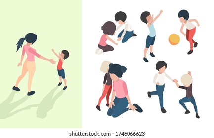 Nanny with kids. Preschool teacher playing toys and teaching happy children babies care vector isometric people