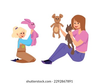 Nanny and little girl playing together with stuffed toys, flat vector illustration isolated on white background. Happy babysitter taking care of child. Young mother playing games with her daughter.