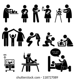 Nanny Mother Father Caring Baby Infant Children Stick Figure Pictogram Icon