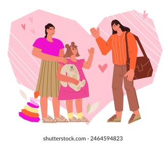 Nanny and mother leaving a child in the care of a babysitter before leaving for work, flat cartoon vector illustration isolated on white background. Babysitting service banner or emblem design.