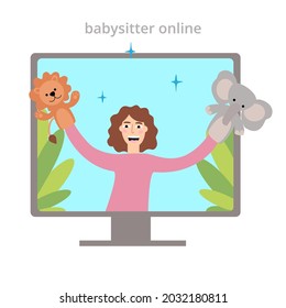 Nanny online, entertaining children remotely. The nanny remotely shows the performance using wrist puppets. Vector illustration in a flat style on a white background.