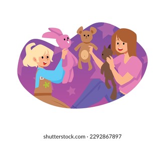 Nanny playing toys with child, flat vector illustration isolated on white background. Happy babysitter taking care of little girl. Young mother or older sister playing with teddy bears.