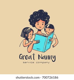 Nanny Reading A Fairy Tale Book With Kids, Hand Drawn Doodle Illustration