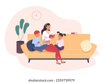 Nanny reading kids. Young mom or babysitter read book for children on cosy home sofa, parents babysitting child care service happy love family together concept vector illustration