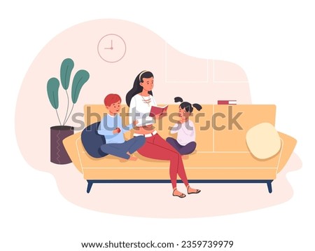 Nanny reading kids. Young mom or babysitter read book for children on cosy home sofa, parents babysitting child care service happy love family together concept vector illustration