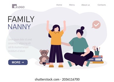 Nanny rejoices in child's success. Mother sitting and playing with daughter. Female character taking care of little kid. Concept of in-home babysitting. Template, landing page. Vector illustration