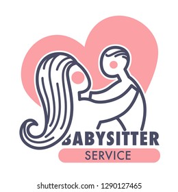 Nanny service isolated icon mother and baby pink heart vector child care and babysitter agency newborn kid or toddler childminder profession woman and infant emblem or logo love and tender nurse.