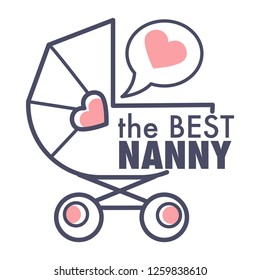 Nanny service isolated outline icon pram and heart in speech bubble baby carriage emblem sitting and bringing up children babysitter and childminder agency care and watching little kids vector.