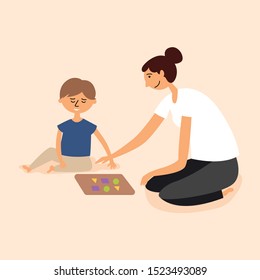 The nanny takes care of the child and plays. Baby sitter. Vector editable illustration