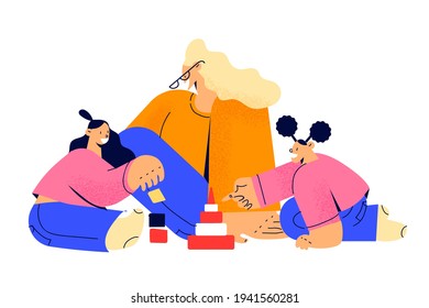 Nanny, teacher, young mother concept. Young smiling woman teacher and small children girls sisters building pyramid using hoops at kindergarten or at home vector illustration 