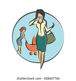 Nanny who takes care of the child until the mother is working. Vector flat illustration.