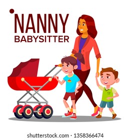 Nanny Woman Vector. Babysitter Nanny With Children. Care Family Design. Illustration