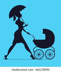 Nanny. Woman walking with a baby carriage. Vector silhouette