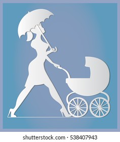 Nanny. Woman walking with a baby carriage. Paper art and craft style