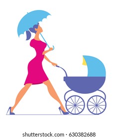 Nanny. Woman walking with a baby carriage. Vector silhouette