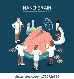 Nano bio technology isometric composition with scientific laboratory staff using nano-materials for brain activity improvement vector illustration 