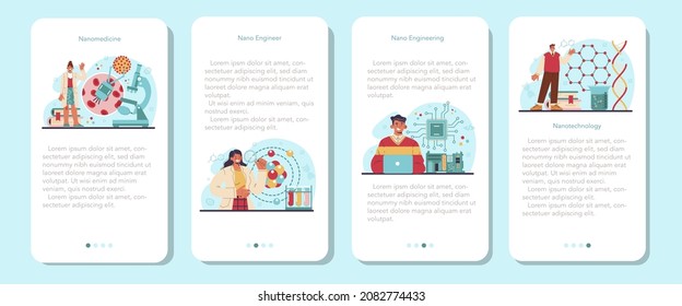 Nano engineering mobile application banner set. Scientists work in laboratory with nanoparticle for medicine and technology development. Nanomaterials and robots inventing. Vector flat illustration.