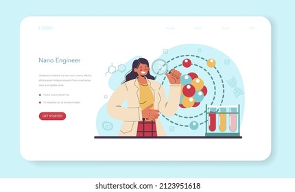 Nano Engineering Web Banner Or Landing Page. Scientists Work In Laboratory With Nanoparticle For Medicine And Technology Development. Nanomaterials And Robots Inventing. Vector Flat Illustration.