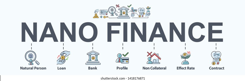 Nano Finance banner web icon for business and personal financial. Bank, loan, profile, effect rate and interest. Minimal vector infographic.