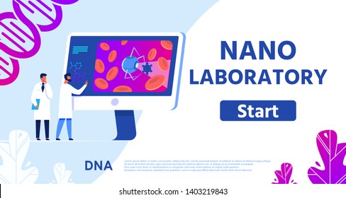 Nano Laboratory Banner Presenting Remote Medicine. Nanotechnology and Artificial Intelligence in Blood Cells Intervention Illustration. Flat Scientist Showing Chief Futuristic Robot Innovation