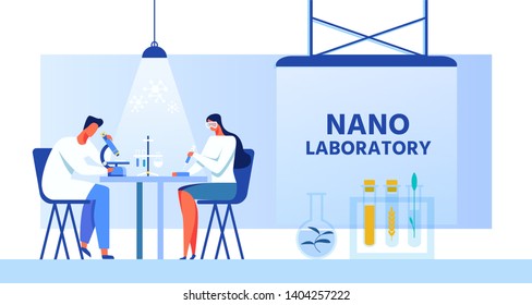 Nano Laboratory Banner with Working Scientists Characters Using Chemical Equipments, Reagents and Microscope and Improving Knowledge, Discovering New. Vector Science and Technology Flat Illustration