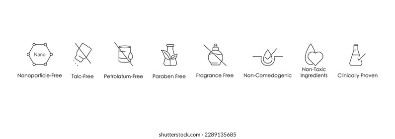 nano particle, talc free, petroleum , paraben free, fragrance free, non comedogenic, non toxic ingredients, clinically proven icon set vector