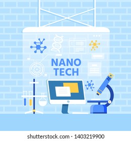 Nano Tech Advertising Flat Metaphor Banner in Loft Style. Vector Computer Screen, Tripod with Test Tube Flask, Microscope, DNA Molecules and Nanomaterials Illustration on Blue Brick Wall