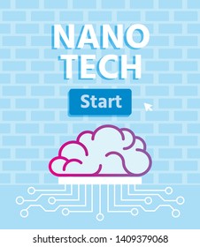 Nano Tech Brain Development with Microprocessor. Vector Brain with Connected Microchains over Brick Wall. Nerve Centre with Chip. Artificial Intelligence and Human Science Research Flat Illustration