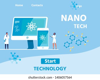 Nano Tech Laboratory Landing Page with Editable Design. Vector Illustration with Smartphone, Computer and Working Scientists Team. Application for Mobile Gadget and PC Devices with Gradient Backdrop