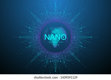 Nano technologies abstract background. Cyber technology concept. Artificial Intelligence, virtual reality, bionics, robotics, global network, microprocessor, nano robots. Vector illustration, banner.